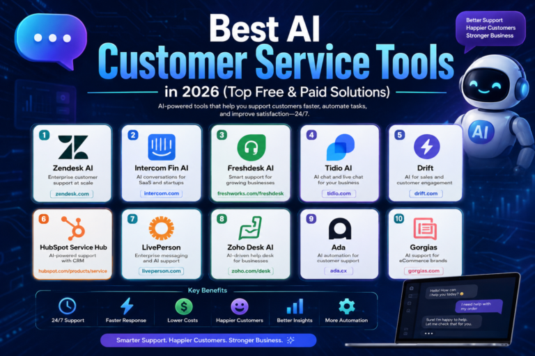 Best AI Customer Service Tools dashboard comparison with AI chatbots, customer support automation, live chat software, CRM integration, and help desk solutions in 2026