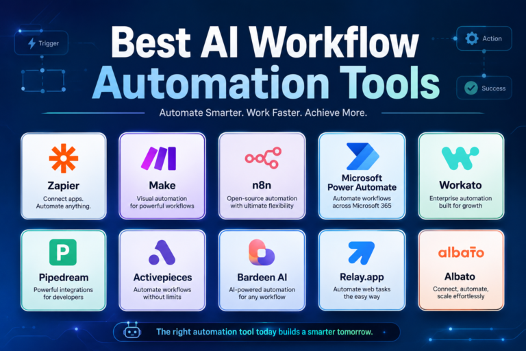 Best AI Workflow Automation Tools dashboard featuring Zapier, Make, n8n, Microsoft Power Automate, Workato, Pipedream, Activepieces, Bardeen AI, Relay.app, and Albato for automating business workflows and productivity.